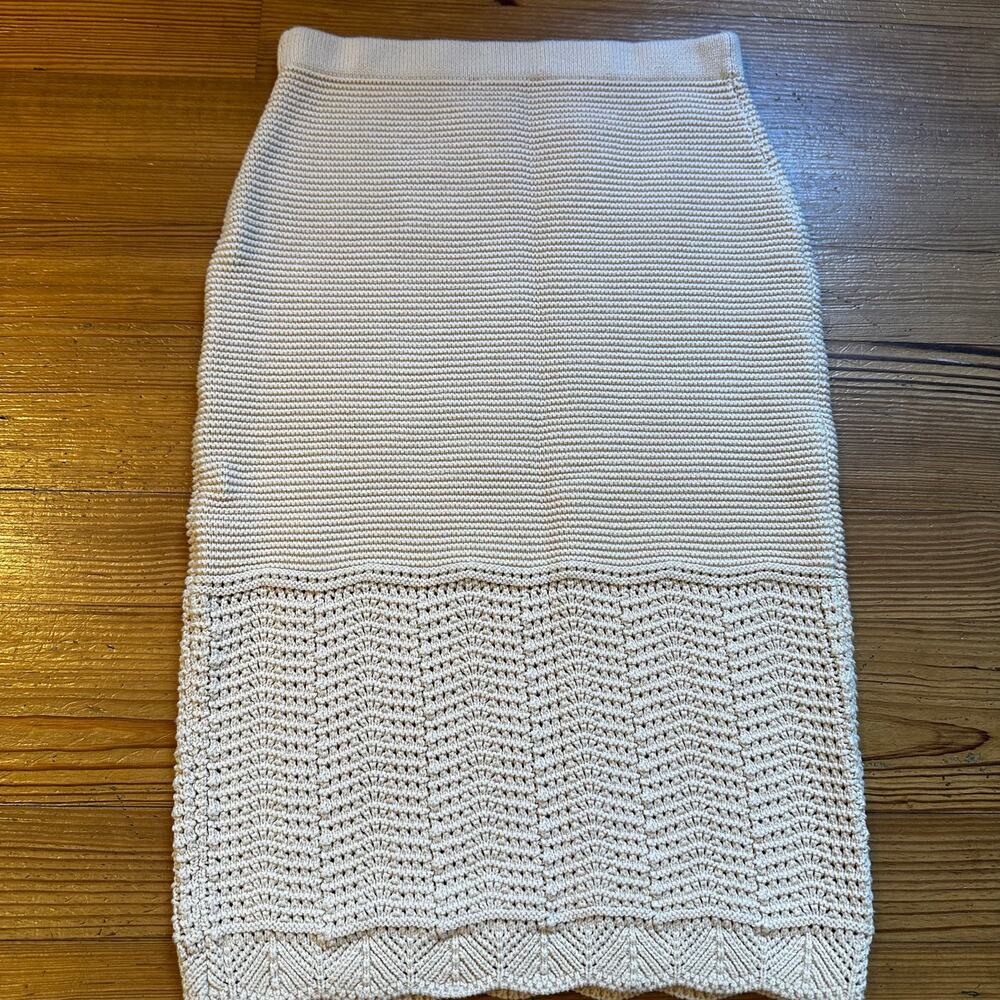 Beige knit crochet midi scalloped‎ bottom pencil skirt SIZE M